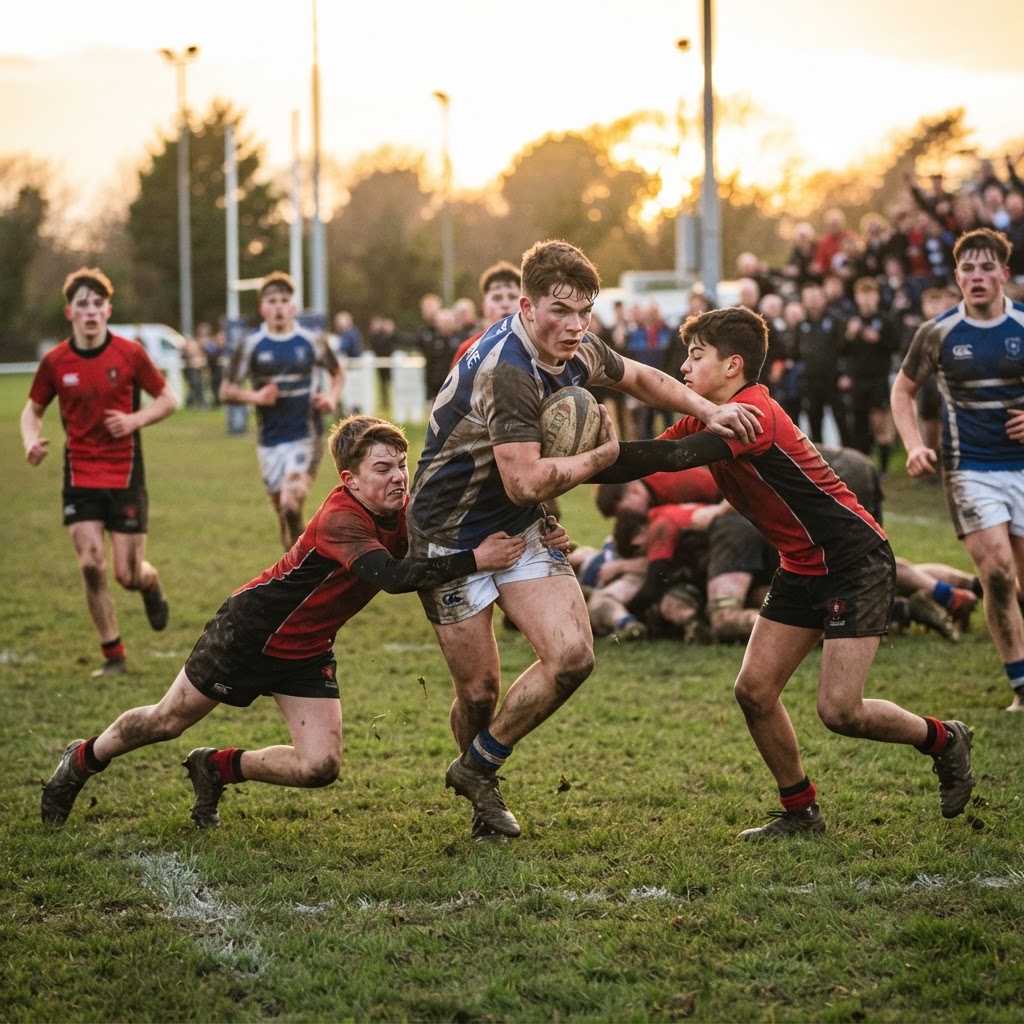 Teen boys playing rugby