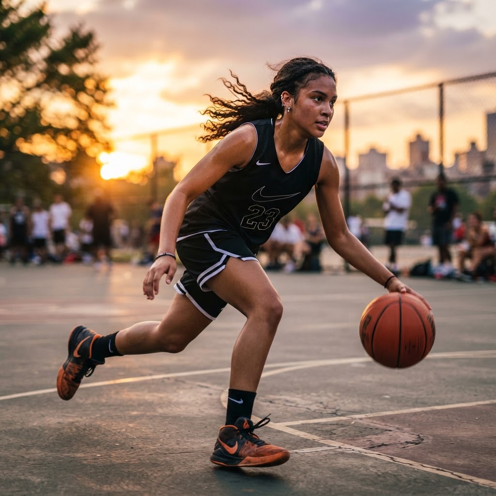 Teen girl playing basketball