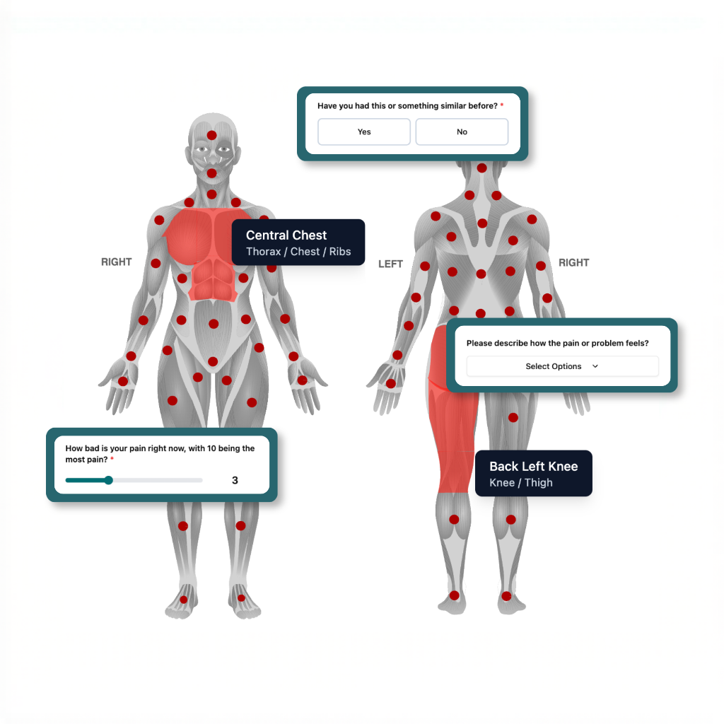 TriageFlow AI pain triage assessment — body chart with pain points