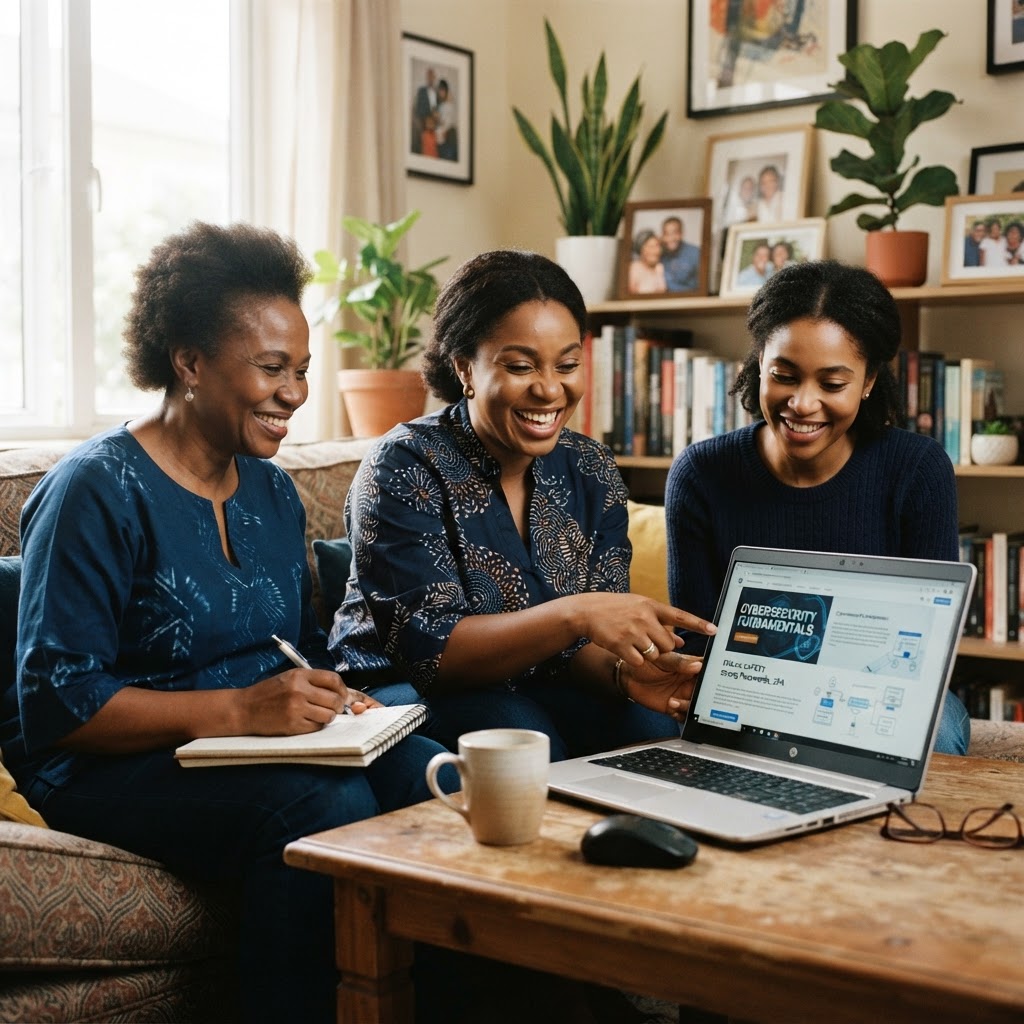 African mothers learning about cybersecurity together at home