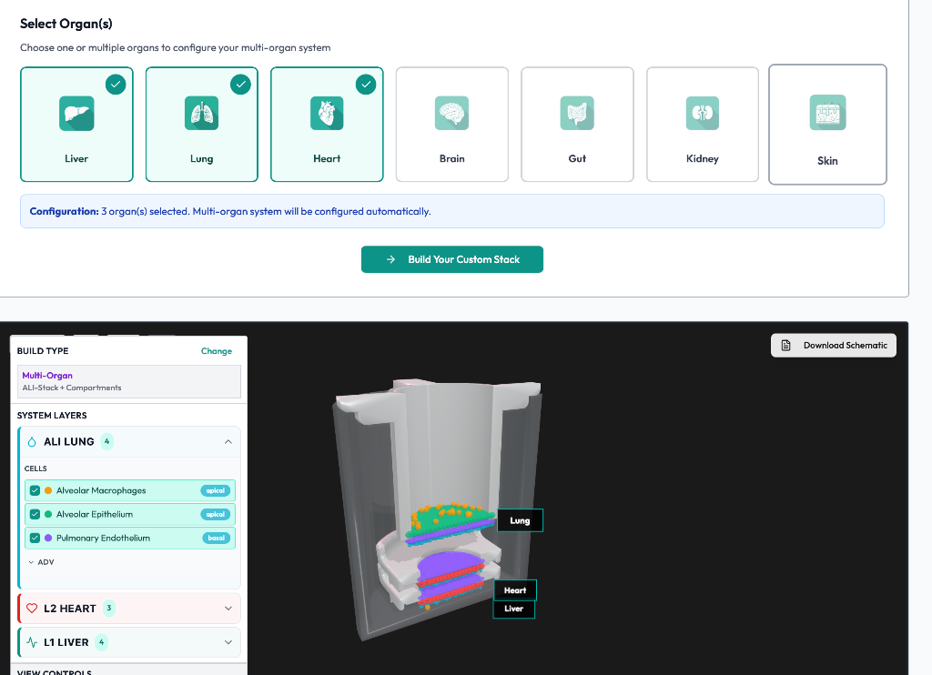 NANOSTACKS Multi-Organ Builder interface