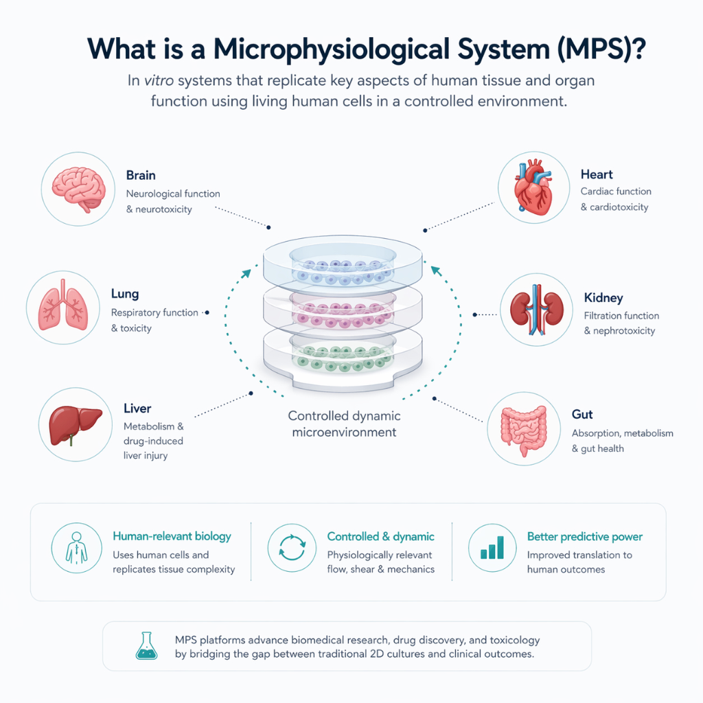 What is a Microphysiological System (MPS)? Diagram showing brain, lung, liver, gut, heart, and kidney organ models connected to a central stacked NANOSTACKS platform