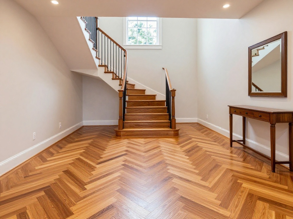 Herringbone hardwood foyer and staircase