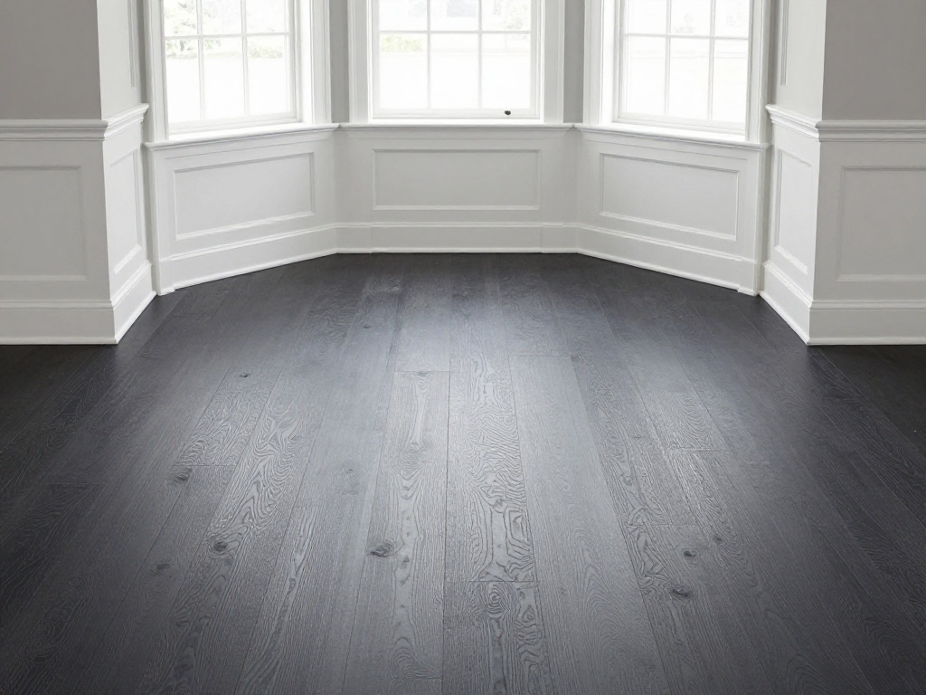 Charcoal-gray oak flooring with white wainscoting — a bold, high-contrast choice