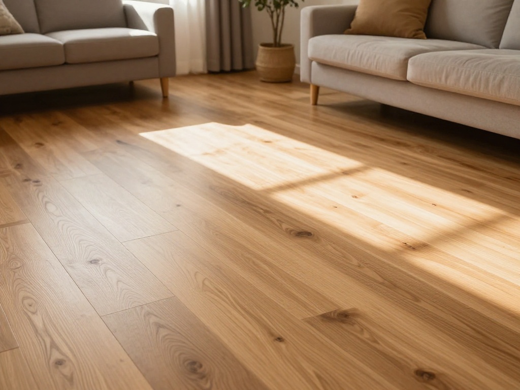 Light oak hardwood floors in a bright, modern living room