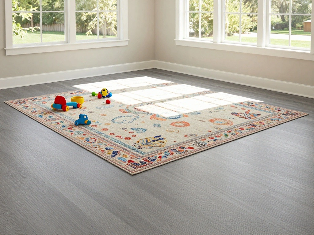 LVP flooring in a bright Northern Virginia family room with a washable area rug defining the play zone and toys on the rug