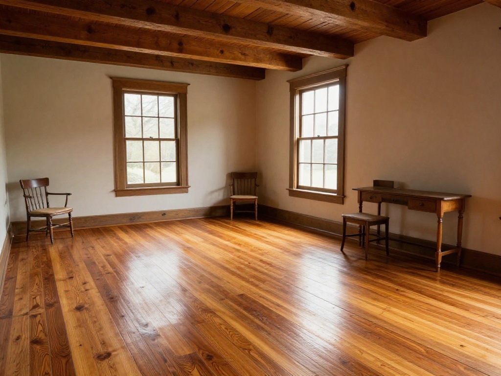 Reclaimed hardwood flooring with exposed beams