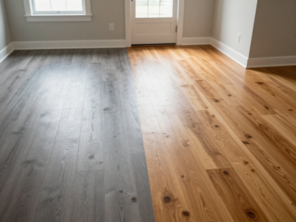 Gray stain vs. natural finish on the same oak floor — the difference is dramatic