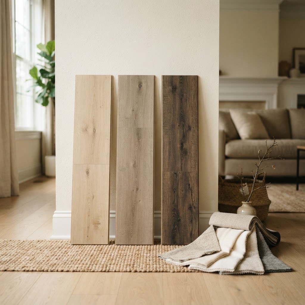 Reviewing Luxury Vinyl Plank (LVP) Flooring samples for a home in Fairfax, VA