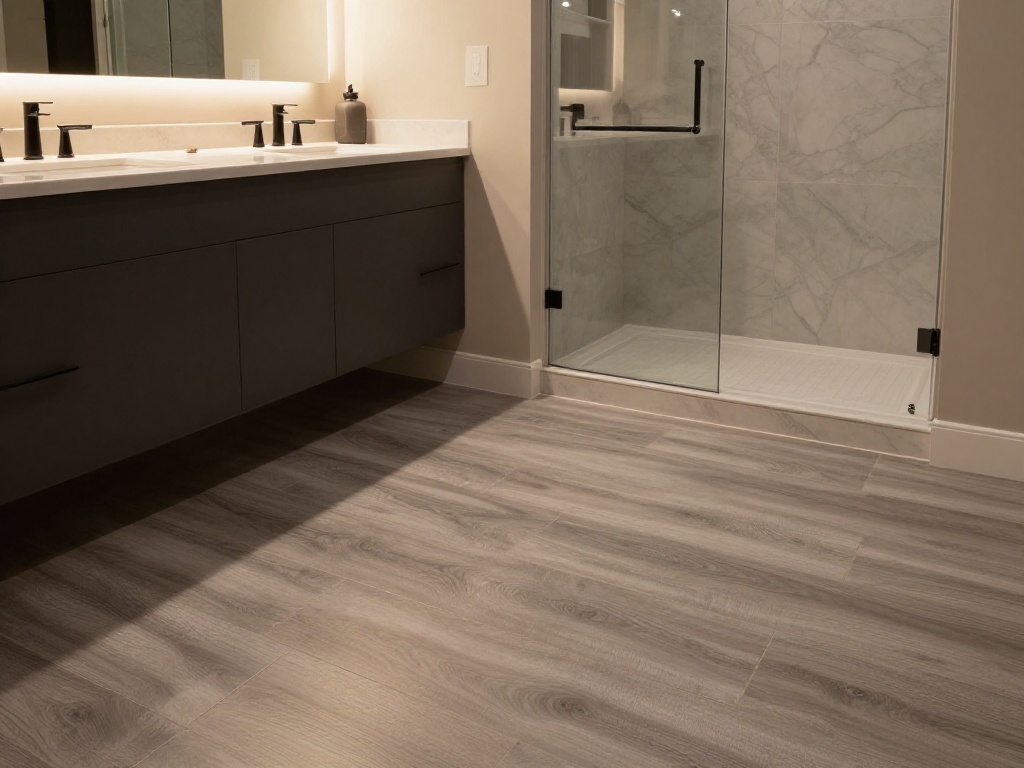 Luxury vinyl flooring in kitchen and bathroom
