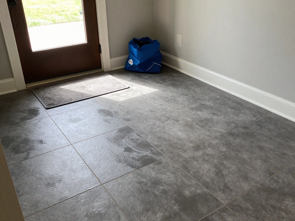 Gray tile mudroom back-door entry with a mat and pool bag visible by the door demonstrating moisture management for summer entry traffic