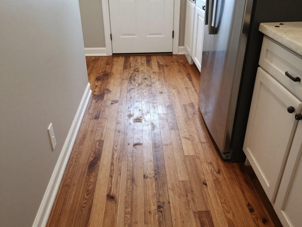 Worn kitchen hardwood floor showing dull milky patches and finish degradation from sunscreen and chemical exposure