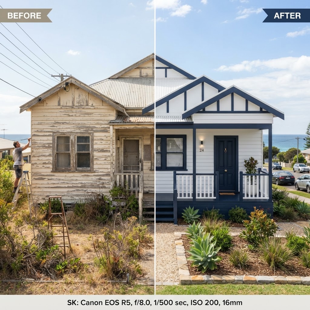 Coastal Weatherboard Exterior Repaint before and after in Shellharbour