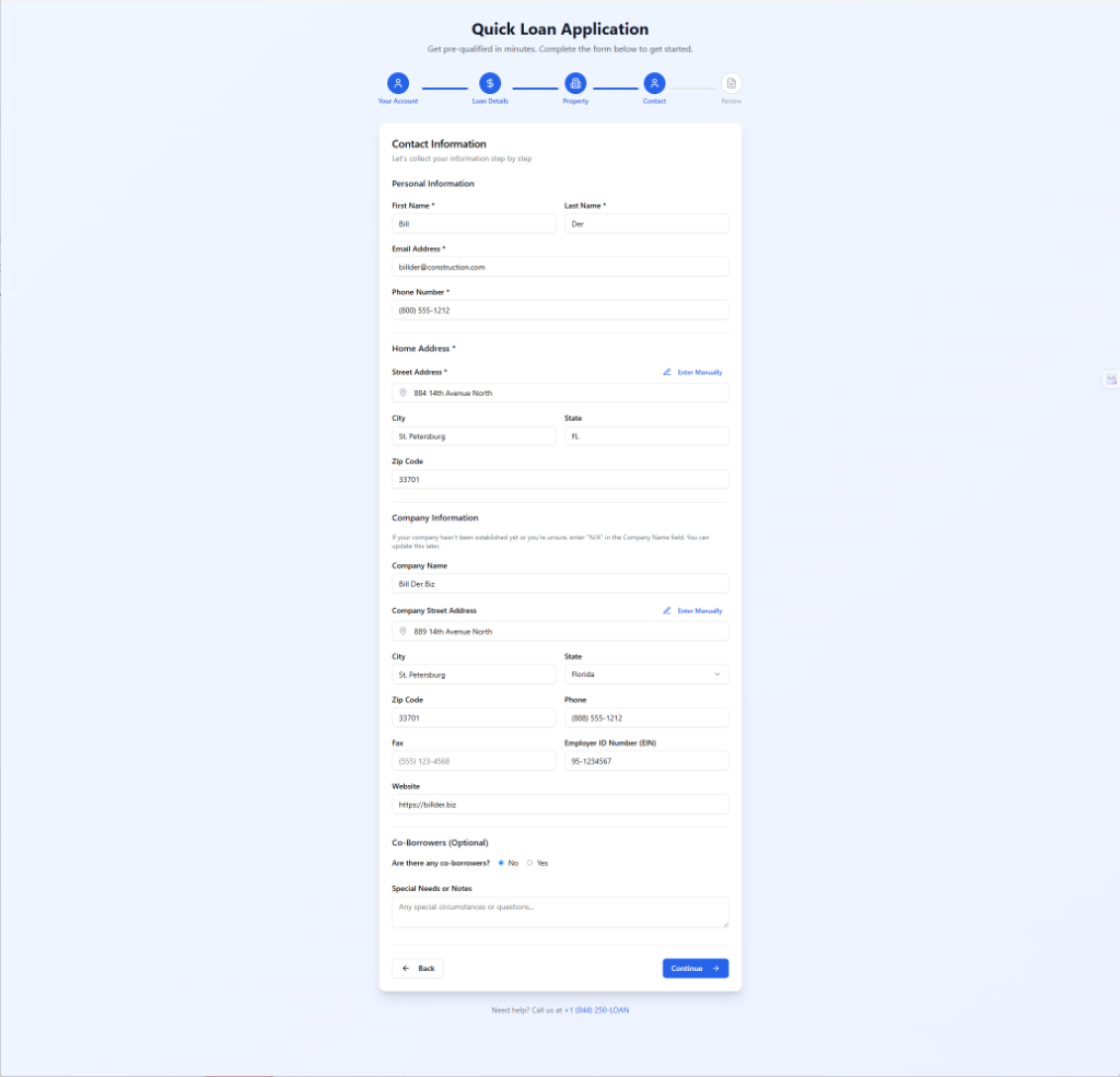 Quick Application, Step 3: Contact Information