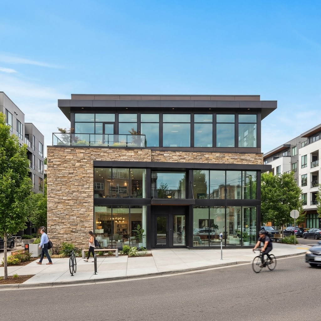 A modern owner-occupied commercial building with ground-floor storefront and upper-level office windows