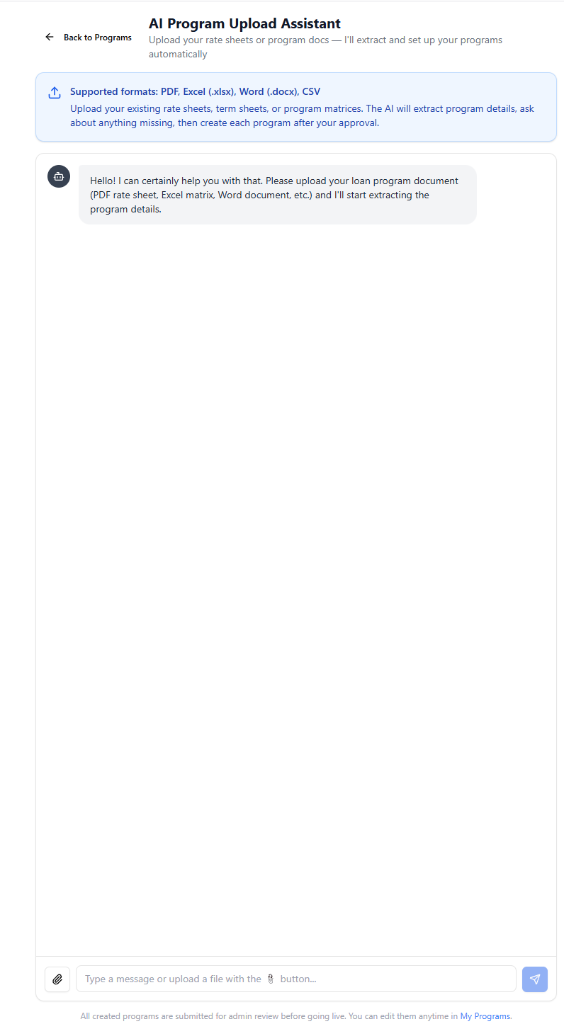AI Program Upload Assistant Chat Interface