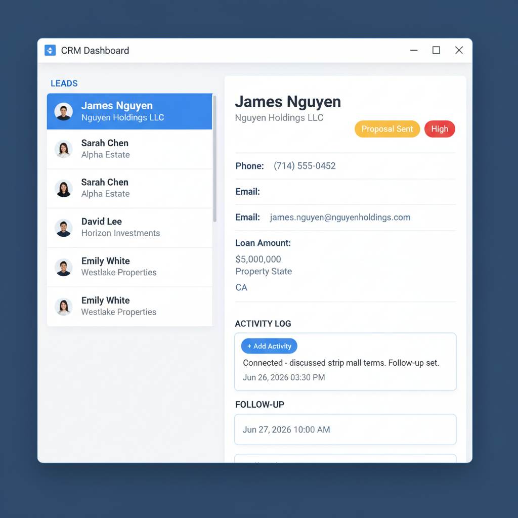Lead Detail Panel, Activity Log and Follow-Up Queue
