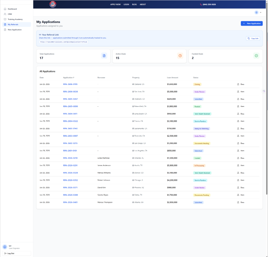 My Referrals, Full Application Table View