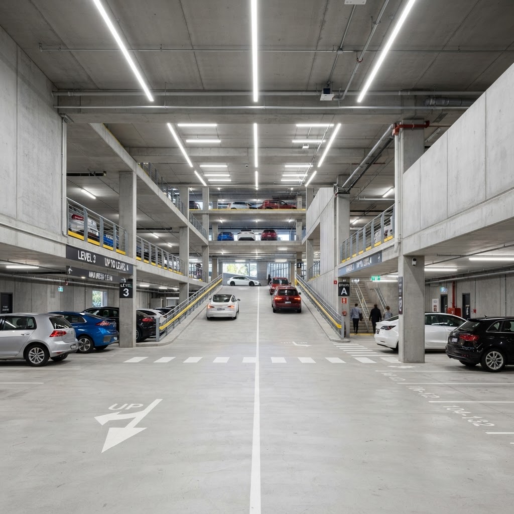 Interior of a modern multi-story parking garage with clear lane markings and good lighting