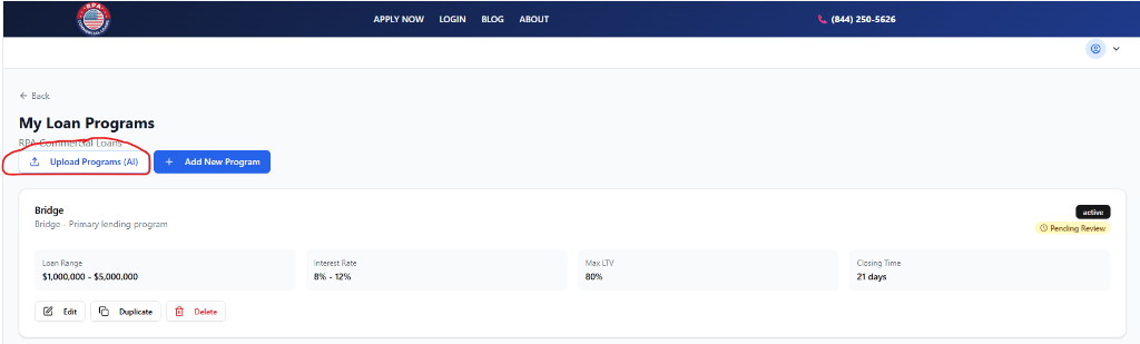 My Programs Page with Upload Programs (AI) Button