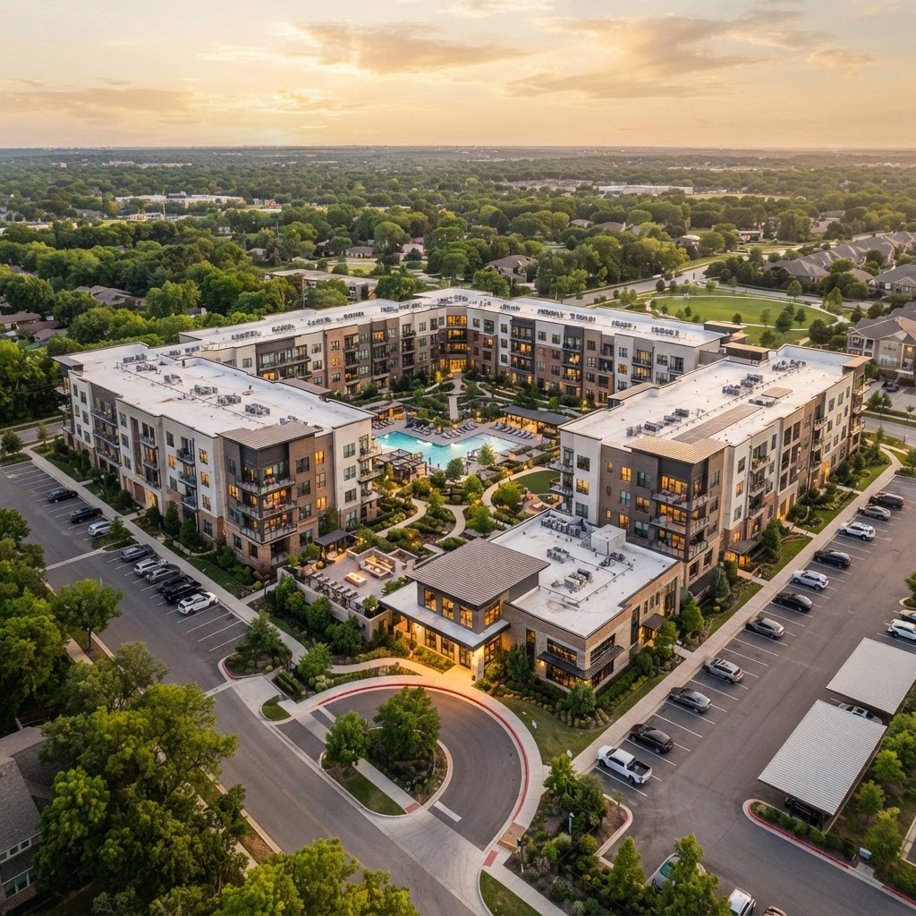 A modern multifamily apartment complex with multiple mid-rise buildings and landscaped courtyards
