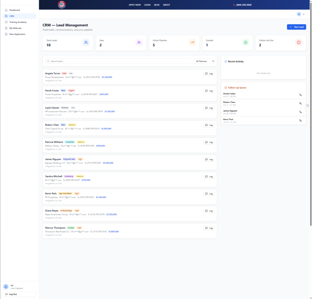 CRM Dashboard, Lead List, Pipeline Stats, and Follow-Up Queue