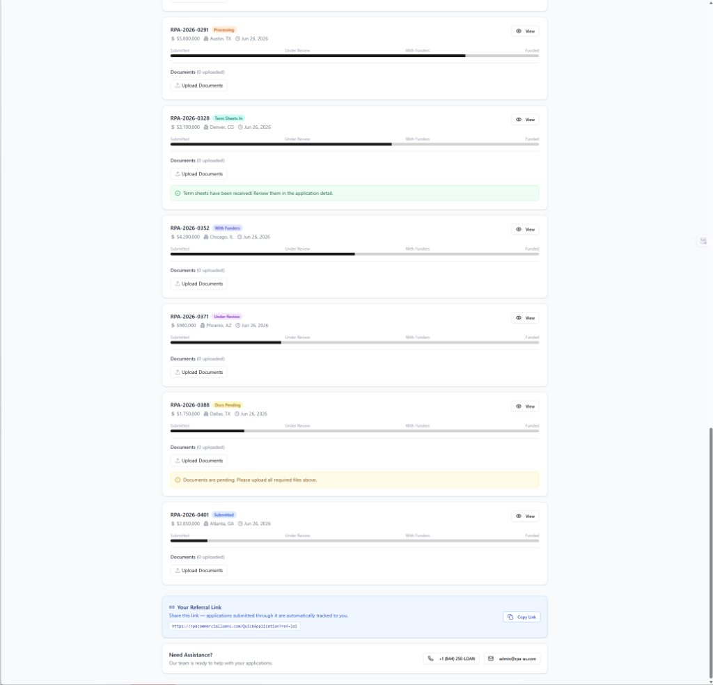 Loan Originator Dashboard, Bottom (Remaining Applications, Referral Link, and Assistance)