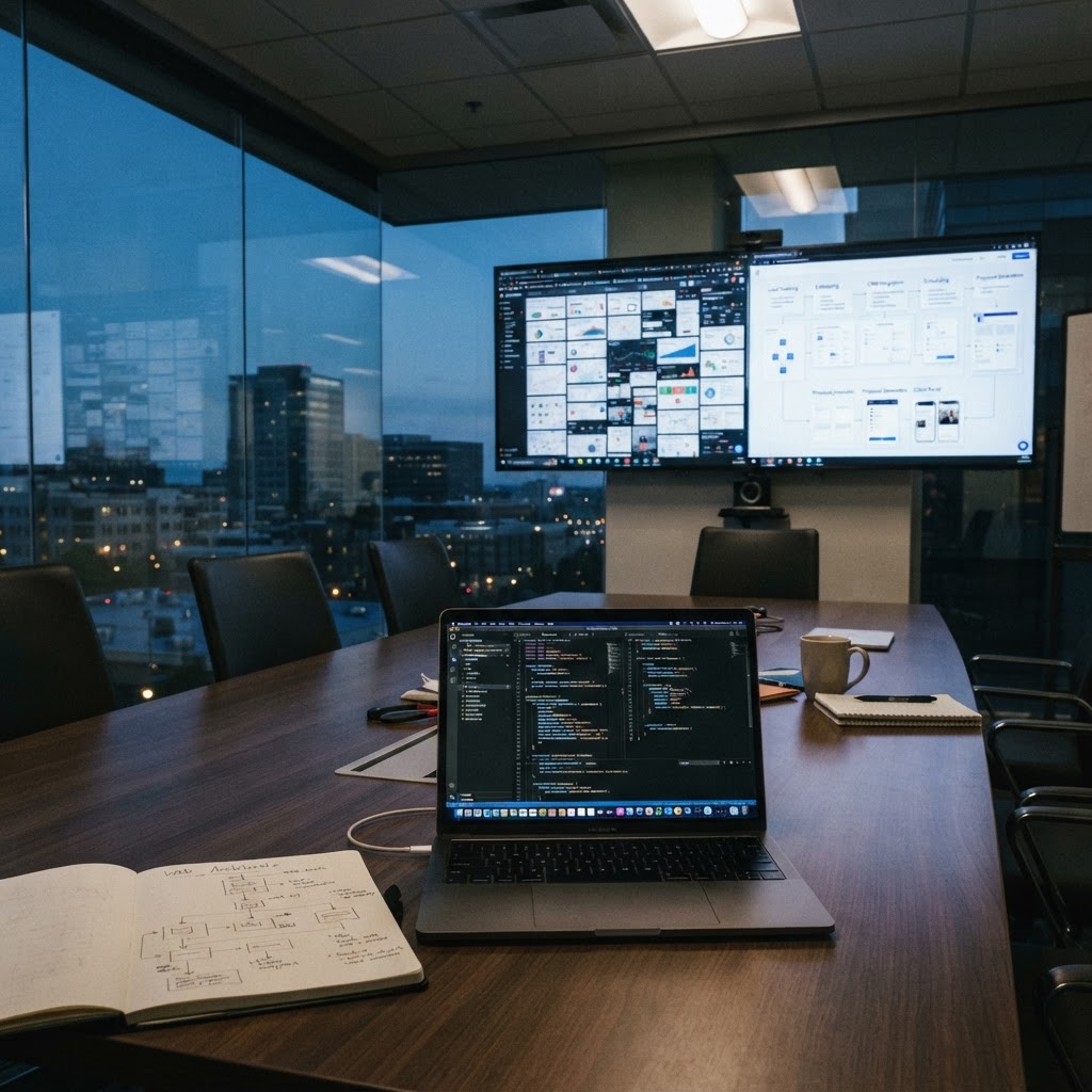 Conference room screen comparing cluttered SaaS dashboards with a cleaner custom business app workflow at dusk.