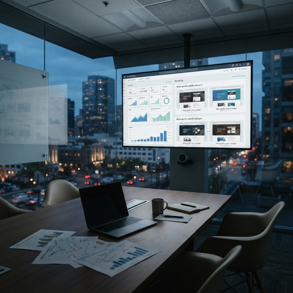 A conference room screen with analytics dashboards, case study pages, and printed charts at dusk.