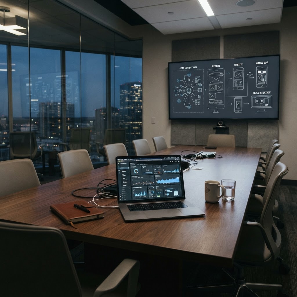 A conference room screen and laptop showing CMS architecture feeding web, app, and kiosk channels at dusk.