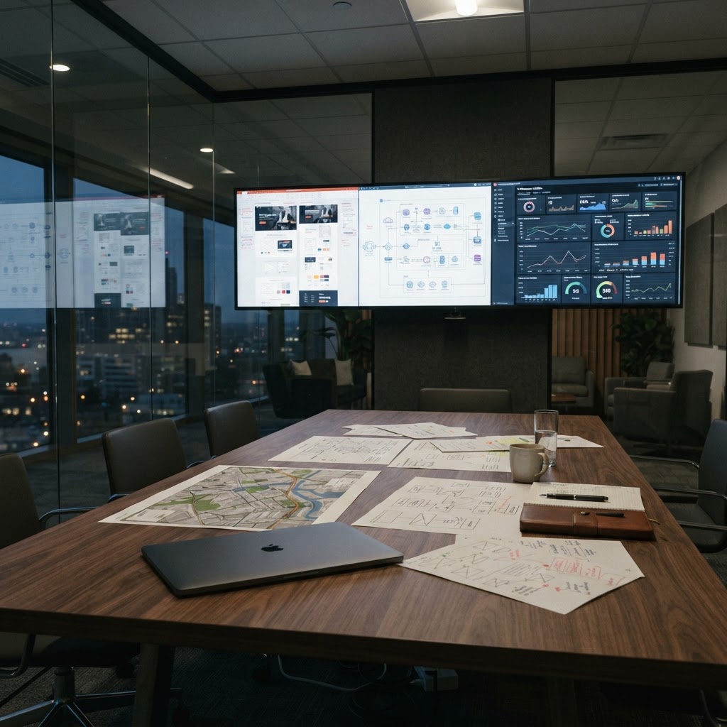 Conference room display showing website review, analytics, and technical planning in dim evening light.