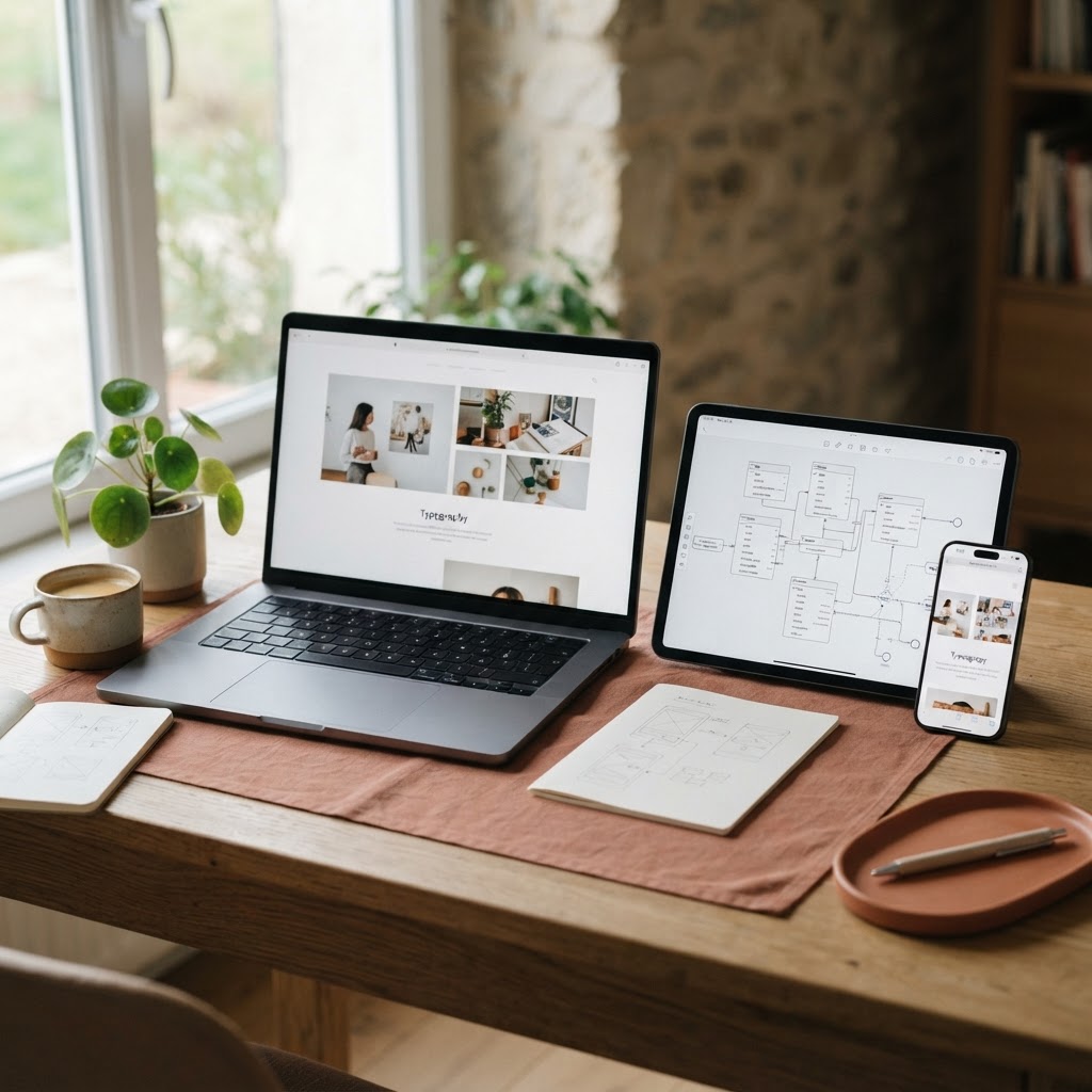 Laptop, tablet, and phone showing website, content model, and mobile view on a warm tidy desk.