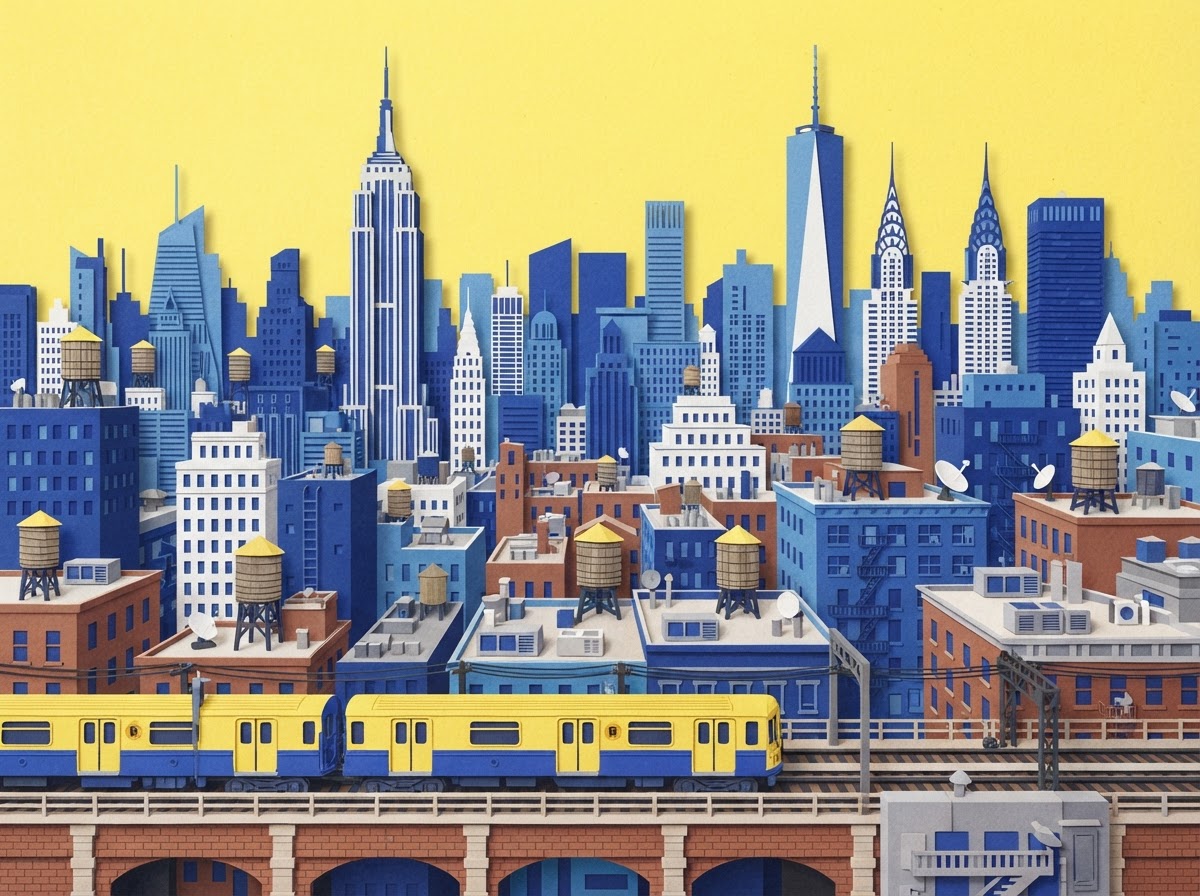 Illustrated New York City skyline with a subway train