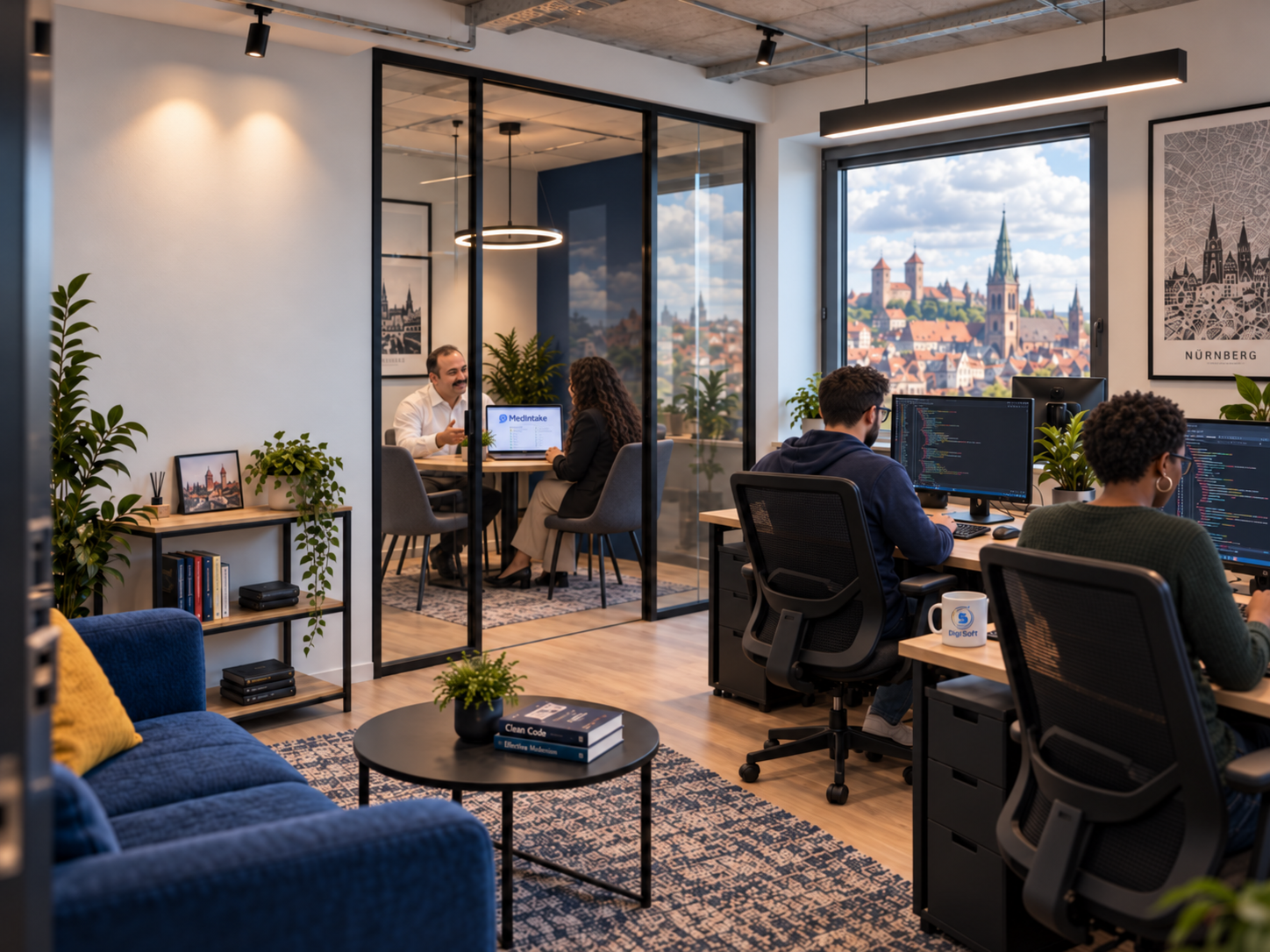 Büro der Digi Soft UG in Nürnberg mit Arbeitsplätzen und Blick auf die Nürnberger Altstadt
