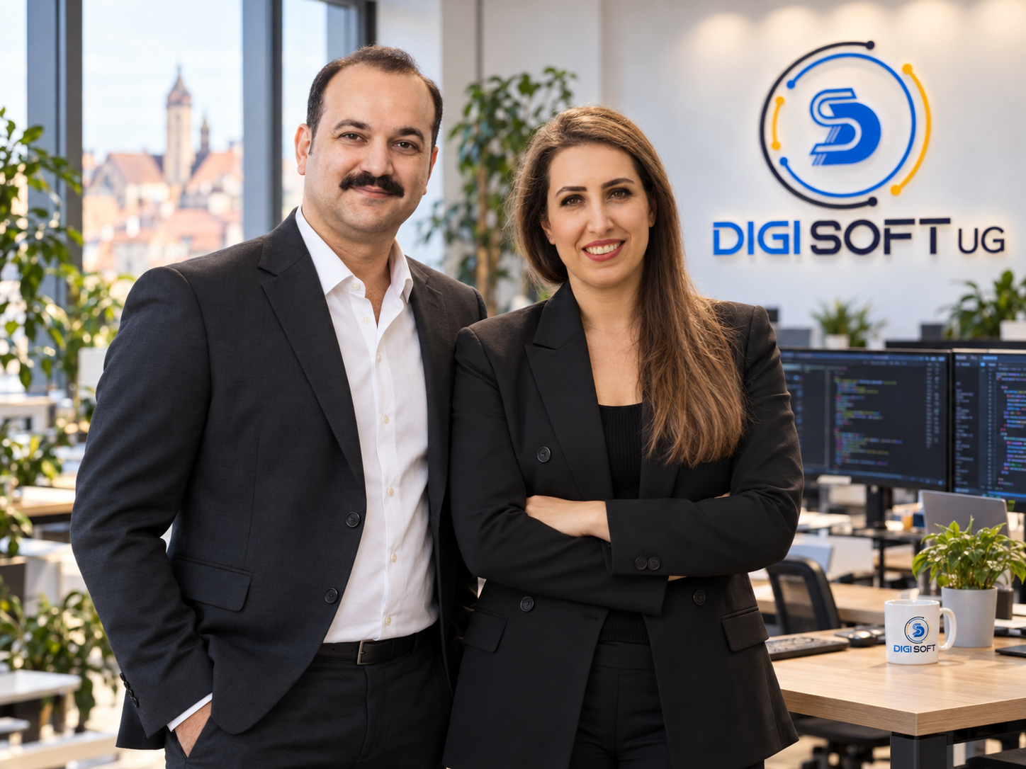 Shahriar Farzam und seine Frau vor dem Digi-Soft-Logo im Büro in Nürnberg