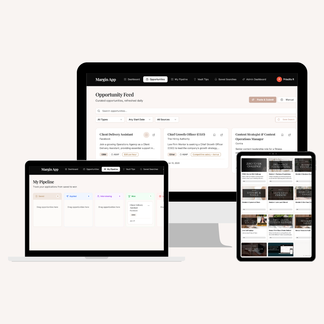 The Margin app on desktop, laptop, and tablet — opportunity feed, my pipeline, and course modules