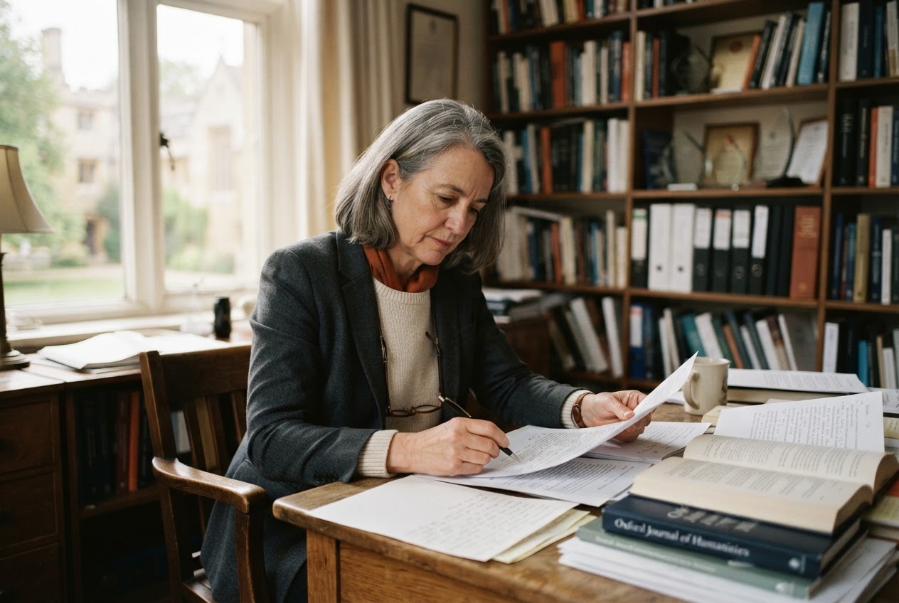 Academic leader at a desk in warm natural light