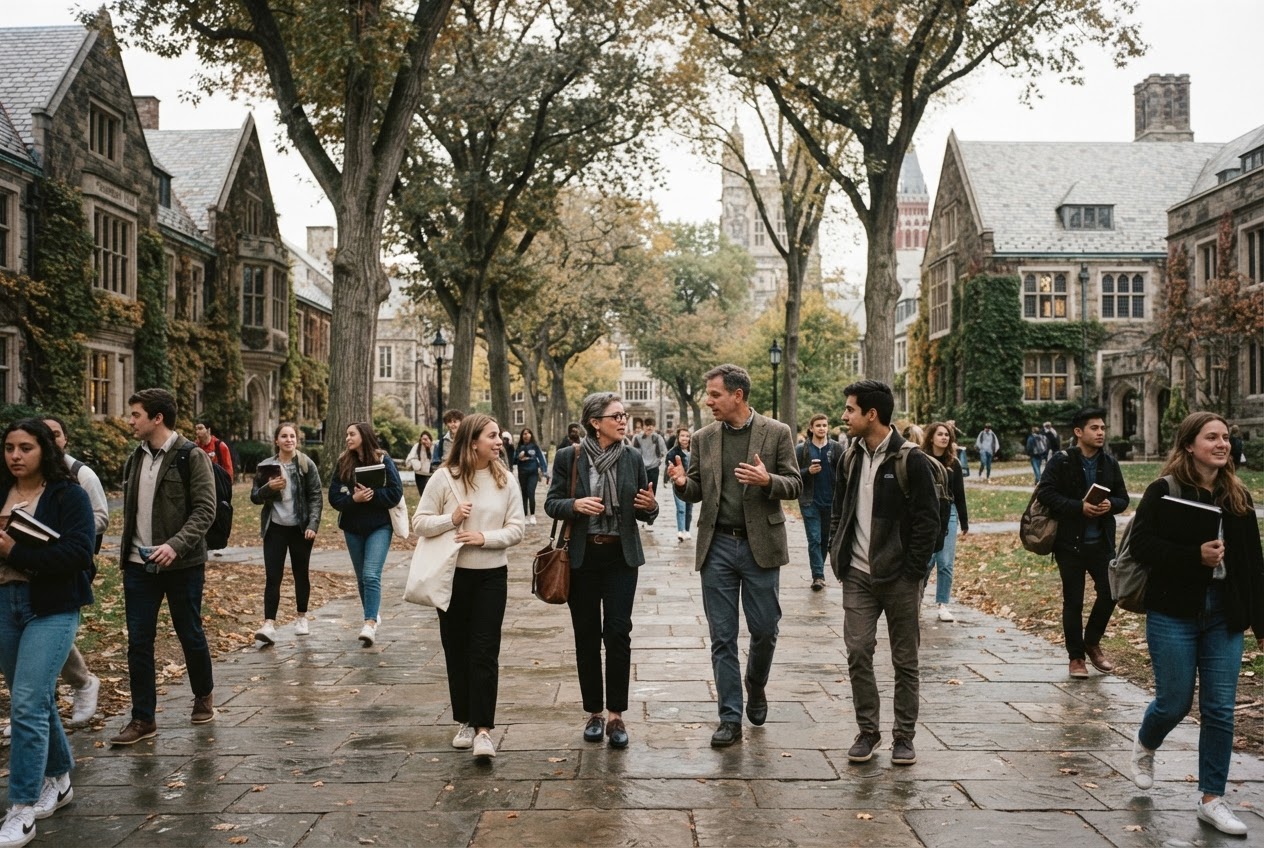 People talking on a university campus