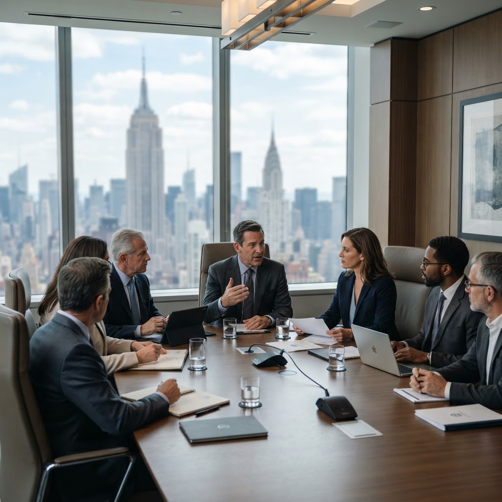 Senior executives in a boardroom meeting with the New York City skyline through the office windows