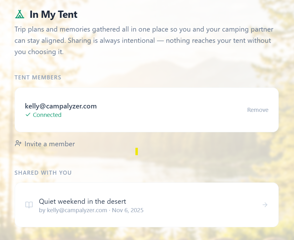 In My Tent feature screenshot