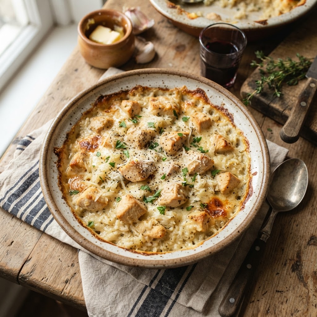 Creamy Garlic Chicken and Rice Bake