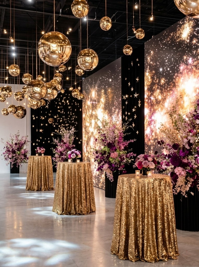 Elegant cocktail area with gold sequin tables and suspended orb lighting