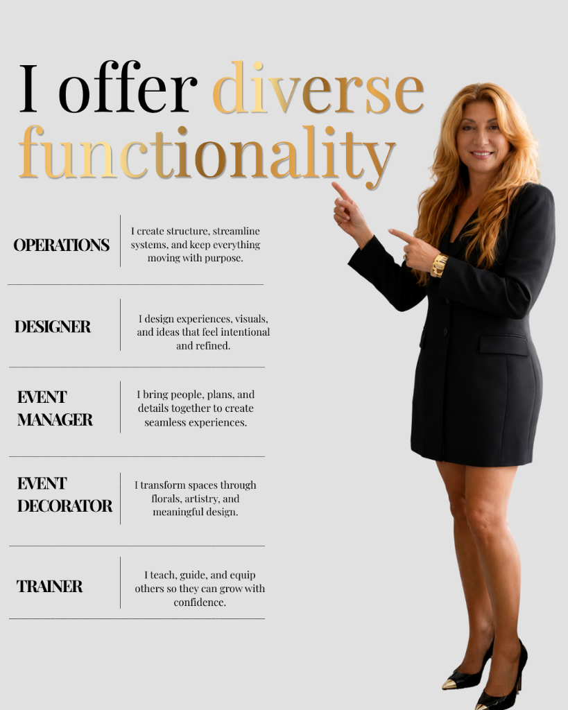 I offer diverse functionality — Operations, Designer, Event Manager, Event Decorator, Trainer
