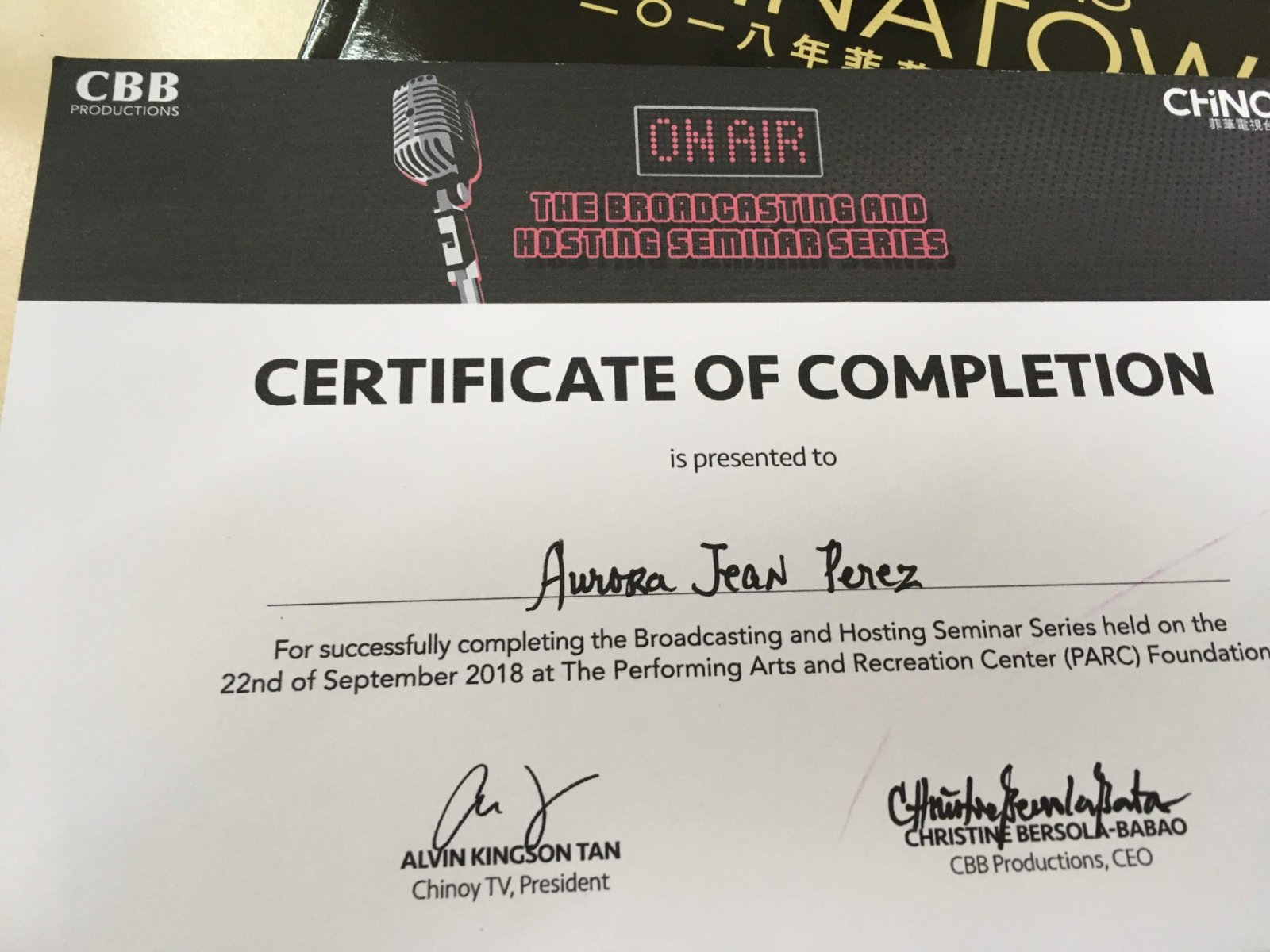 Certificate of Completion — CBB Productions · The Broadcasting & Hosting Seminar Series