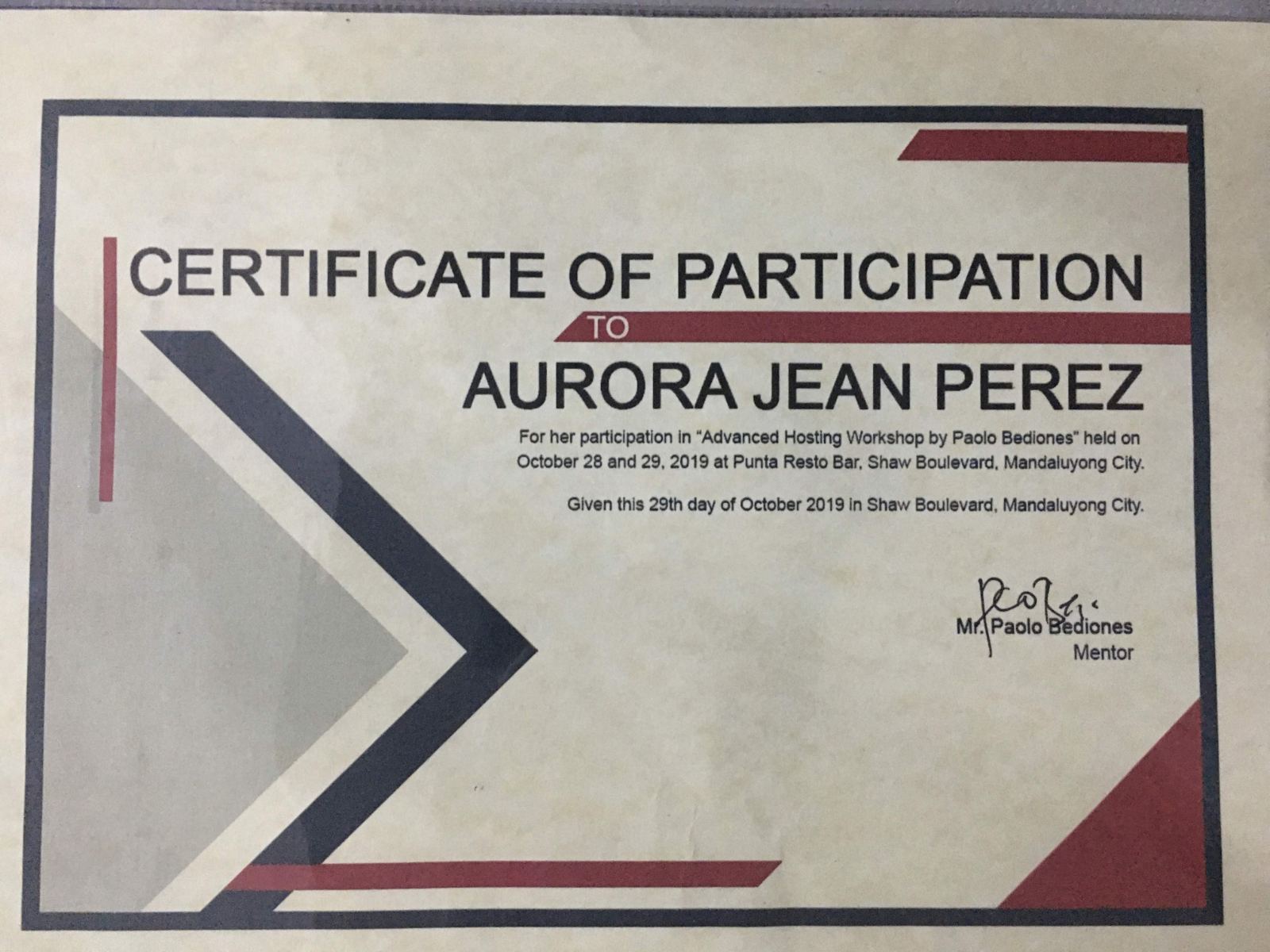 Certificate of Participation — Advanced Hosting Workshop by Mr. Paolo Bediones