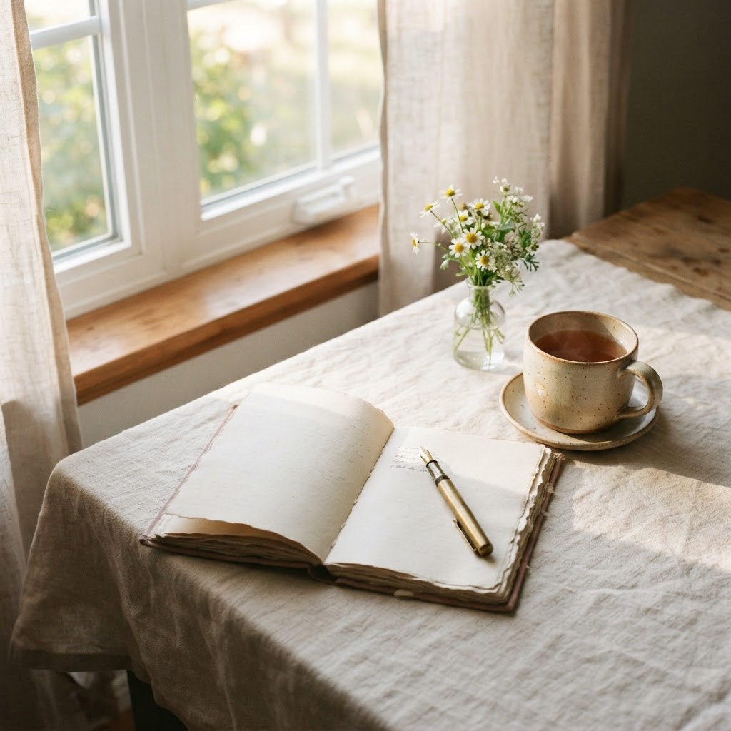 A quiet table with a journal, tea, and flowers