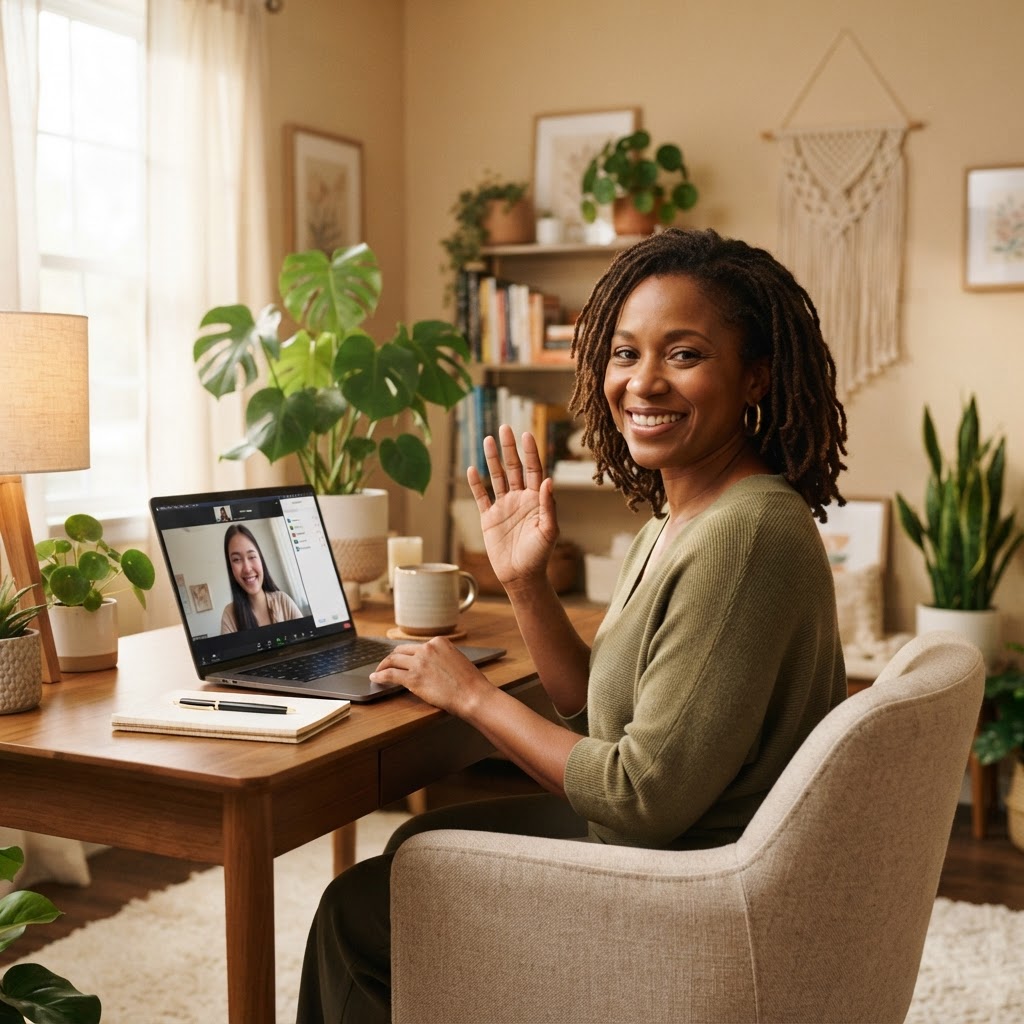 A Passport Journeys therapist warmly welcoming you to a video therapy session