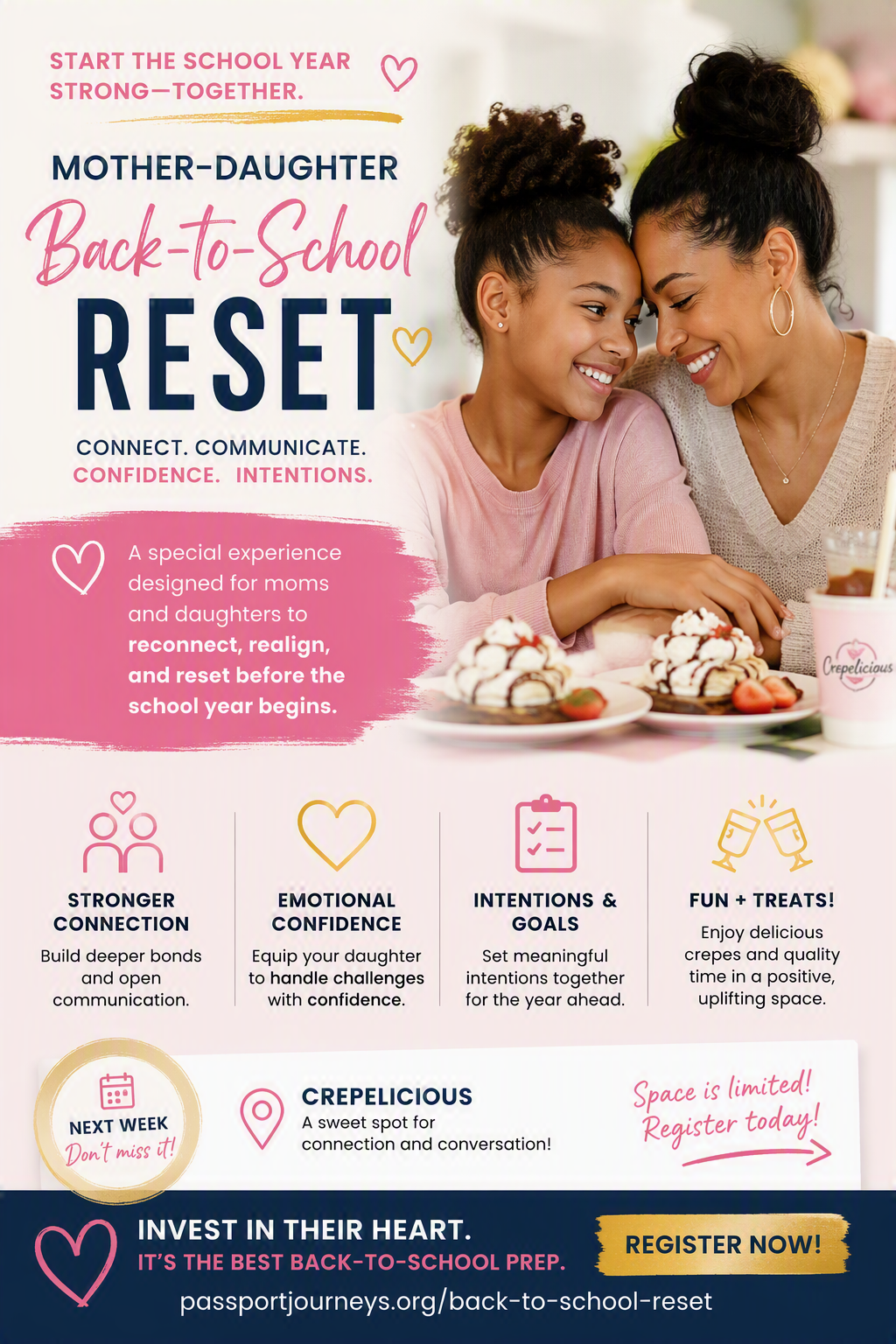 Mother-Daughter Back-to-School Reset event flyer — Wednesday, August 26, 2026 at Crepelicious, Missouri City, TX
