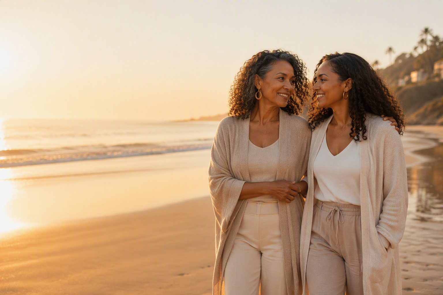 Mother and daughter walking together on the beach at sunset