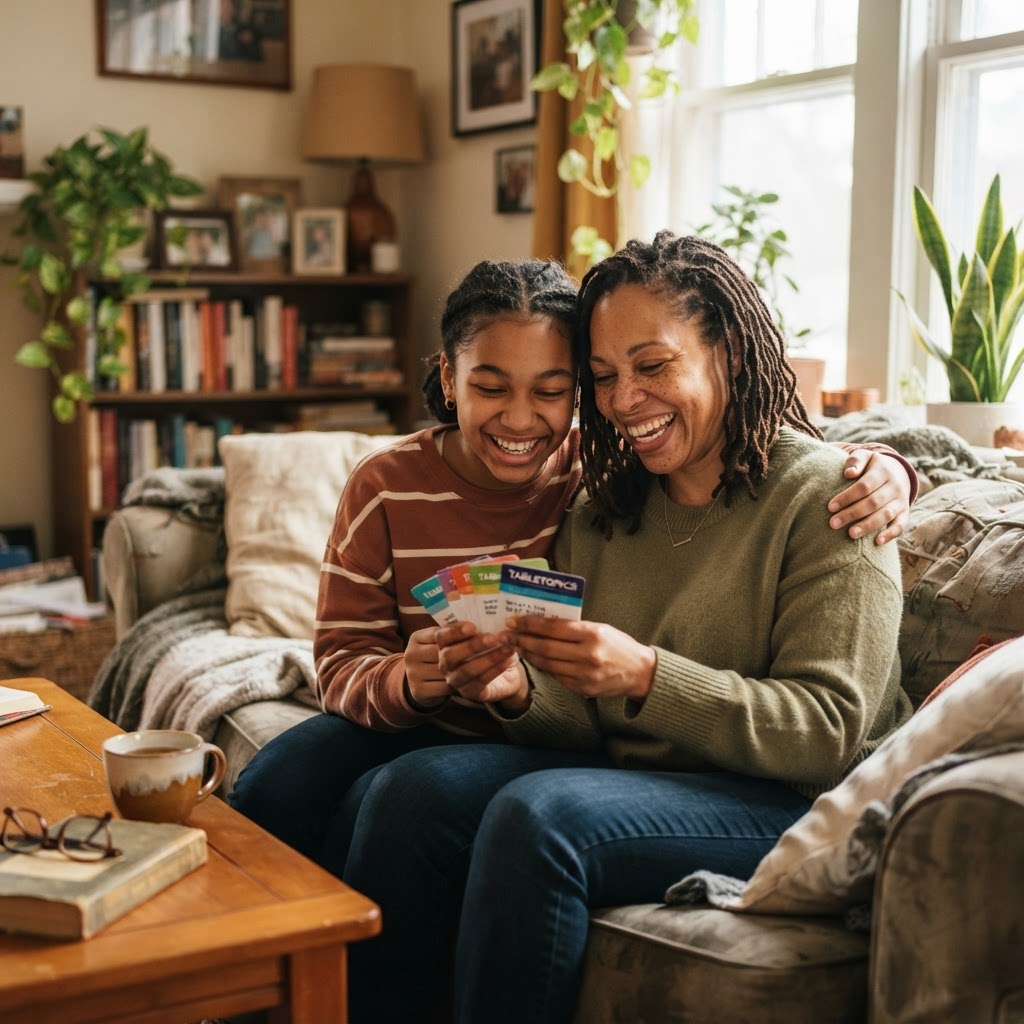 A Black mother and daughter laughing together over conversation cards